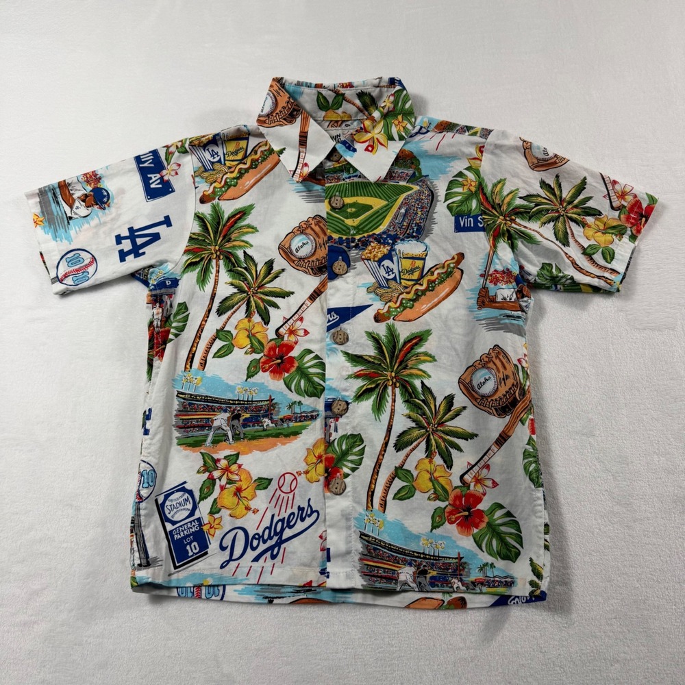 Reyn Spooner Dodgers Hawaiian Shirt Boys S White MLB Baseball Scenic Print EUC